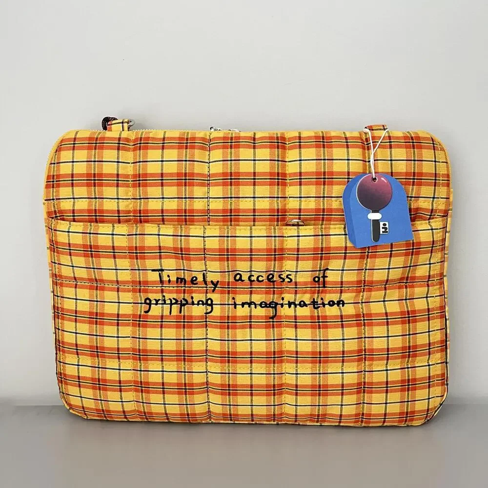 Tagi Yellow Plaid laptop Bag with Brown Strap